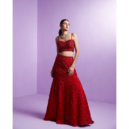 PARUL GANDHI Vivid Crimson Red Blouse with Lehenga & Dupatta (Set of 3)