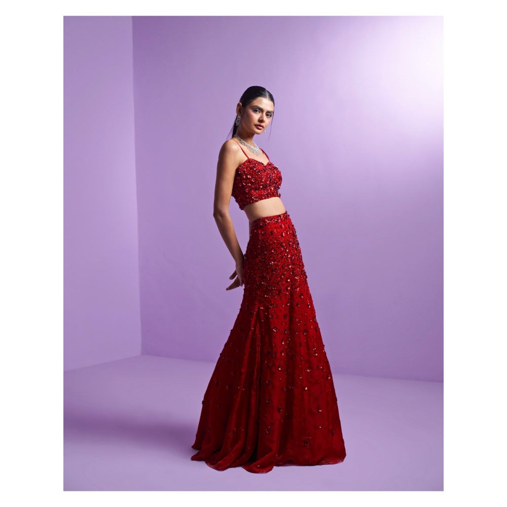 PARUL GANDHI Vivid Crimson Red Blouse with Lehenga & Dupatta (Set of 3)