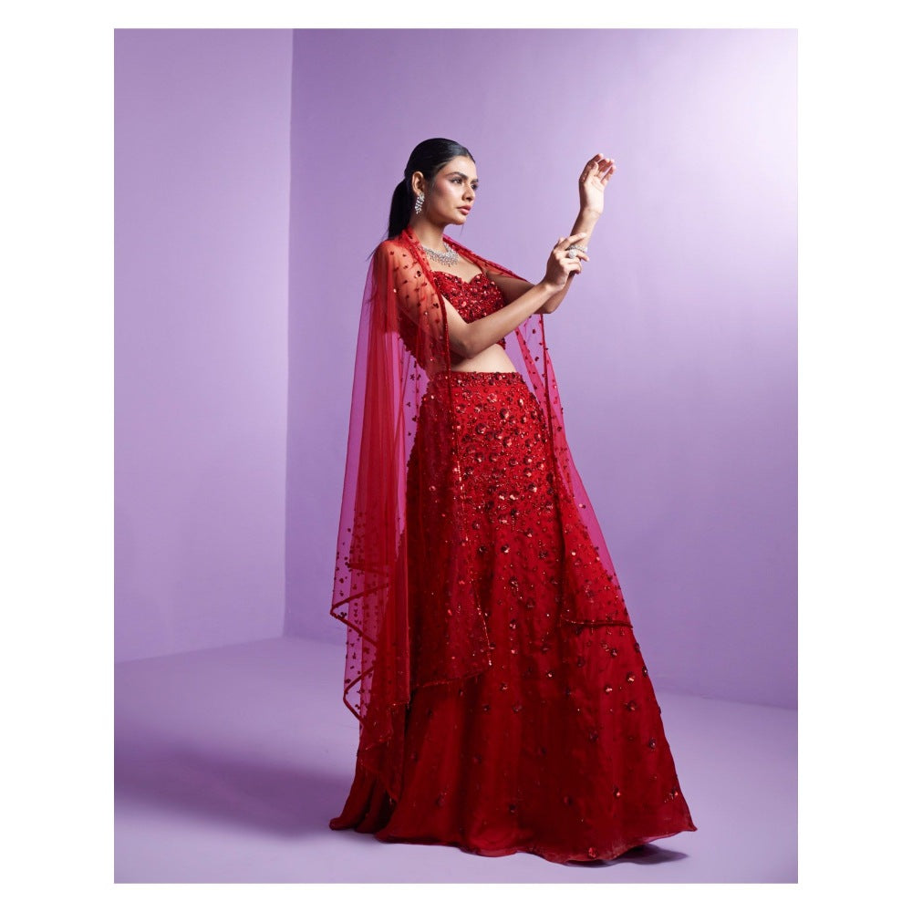 PARUL GANDHI Vivid Crimson Red Blouse with Lehenga & Dupatta (Set of 3)