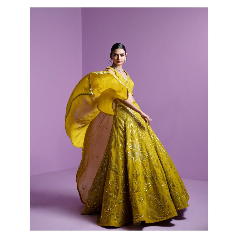 PARUL GANDHI Lime Spectrum Blouse with Lehenga & Dupatta (Set of 3)