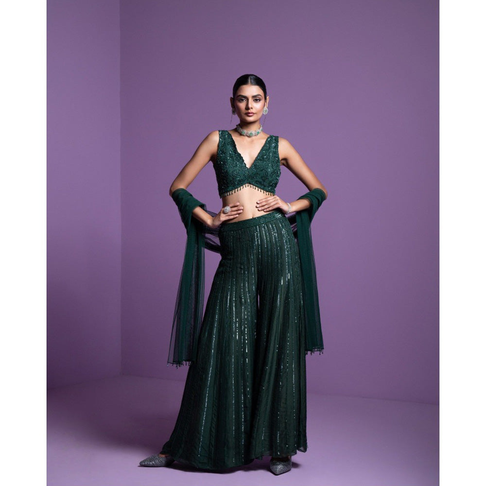 PARUL GANDHI Lush Green Blouse with Flared Pant & Dupatta (Set of 3)