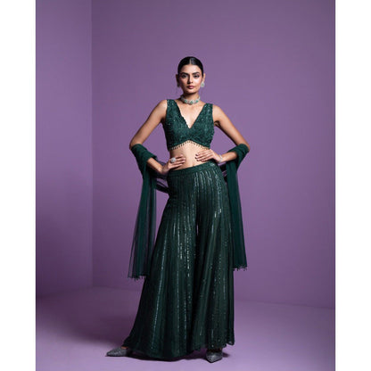 PARUL GANDHI Lush Green Blouse with Flared Pant & Dupatta (Set of 3)
