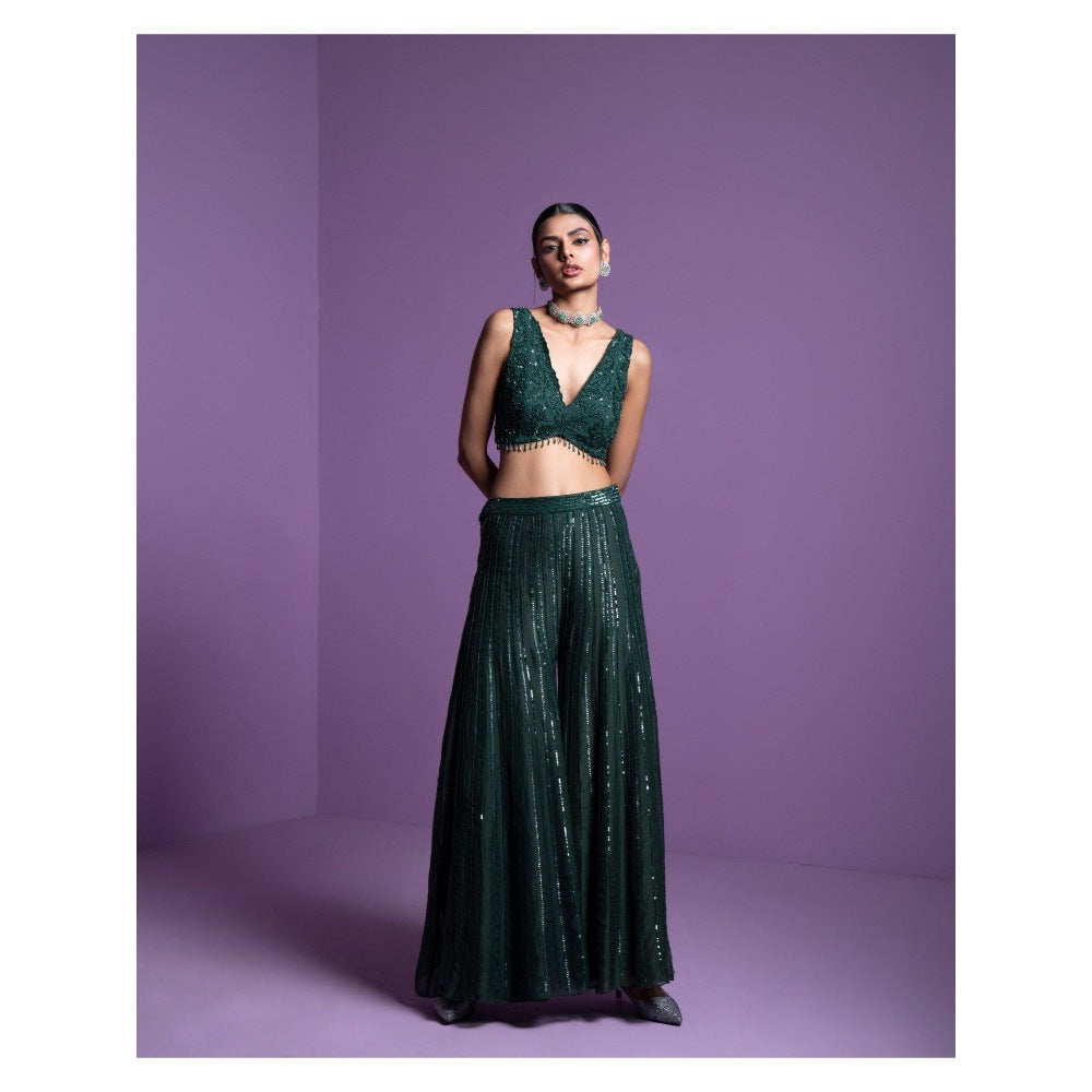 PARUL GANDHI Lush Green Blouse with Flared Pant & Dupatta (Set of 3)
