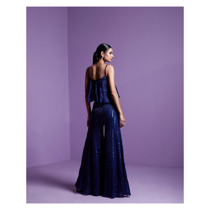PARUL GANDHI Eclipse Blue Embroidered Top with Flared Pant (Set of 2)