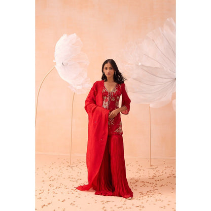 PARUL GANDHI Red Rouge Sharara With Short Kurta And Dupatta (Set of 3)