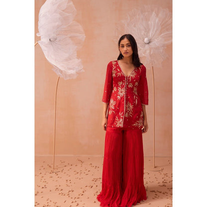 PARUL GANDHI Red Rouge Sharara With Short Kurta And Dupatta (Set of 3)