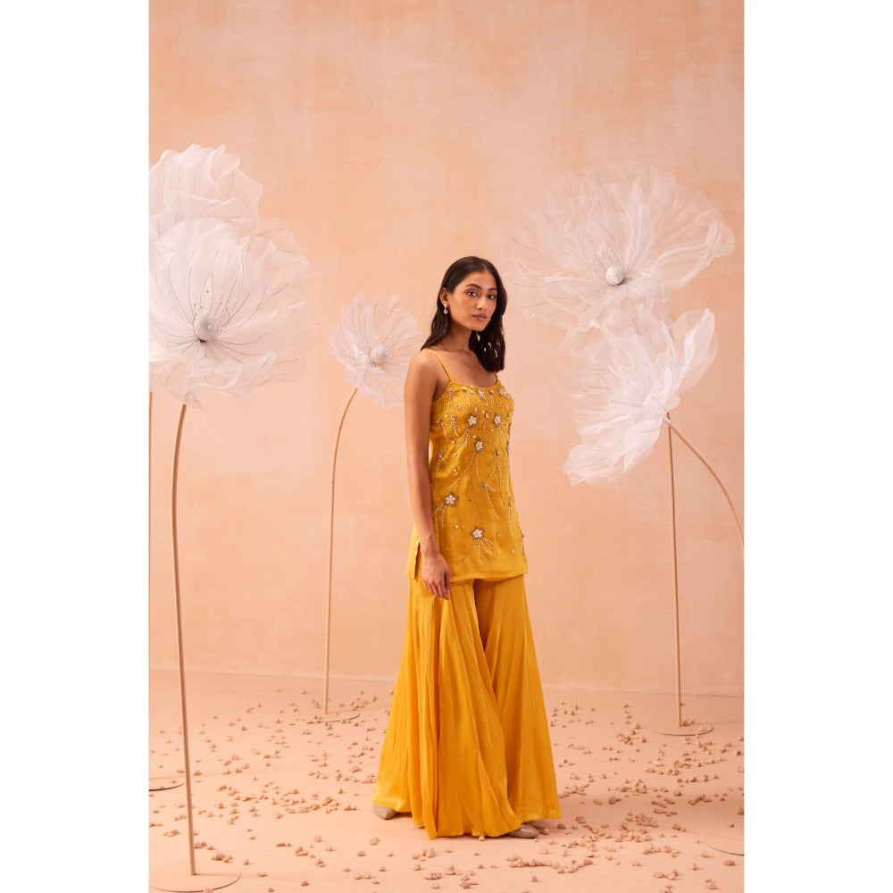 PARUL GANDHI Yellow Jaune Sharara With Short Kurta And Dupatta (Set of 3)