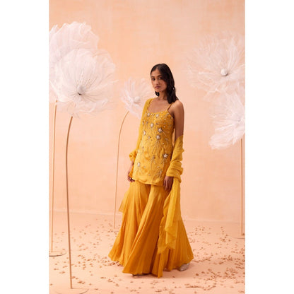 PARUL GANDHI Yellow Jaune Sharara With Short Kurta And Dupatta (Set of 3)