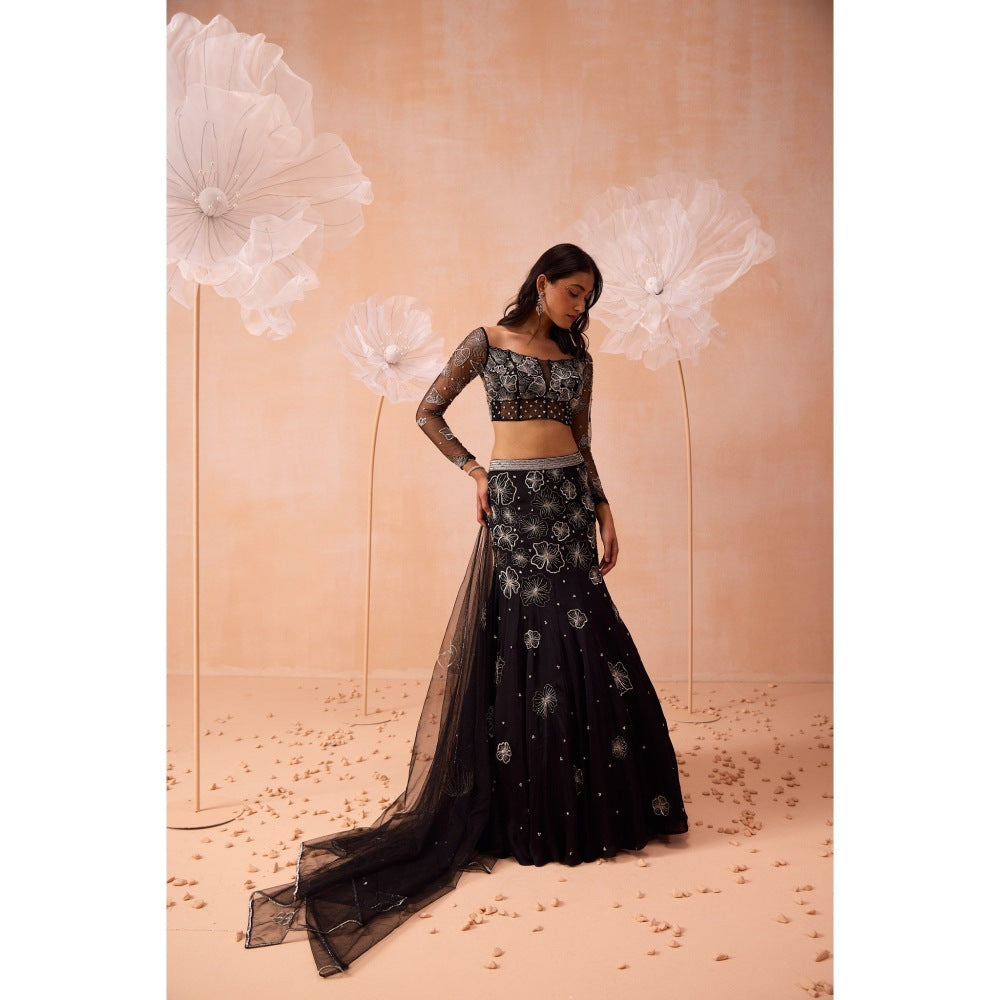 PARUL GANDHI Black Blossom Lehenga With Blouse And Dupatta (Set of 3)