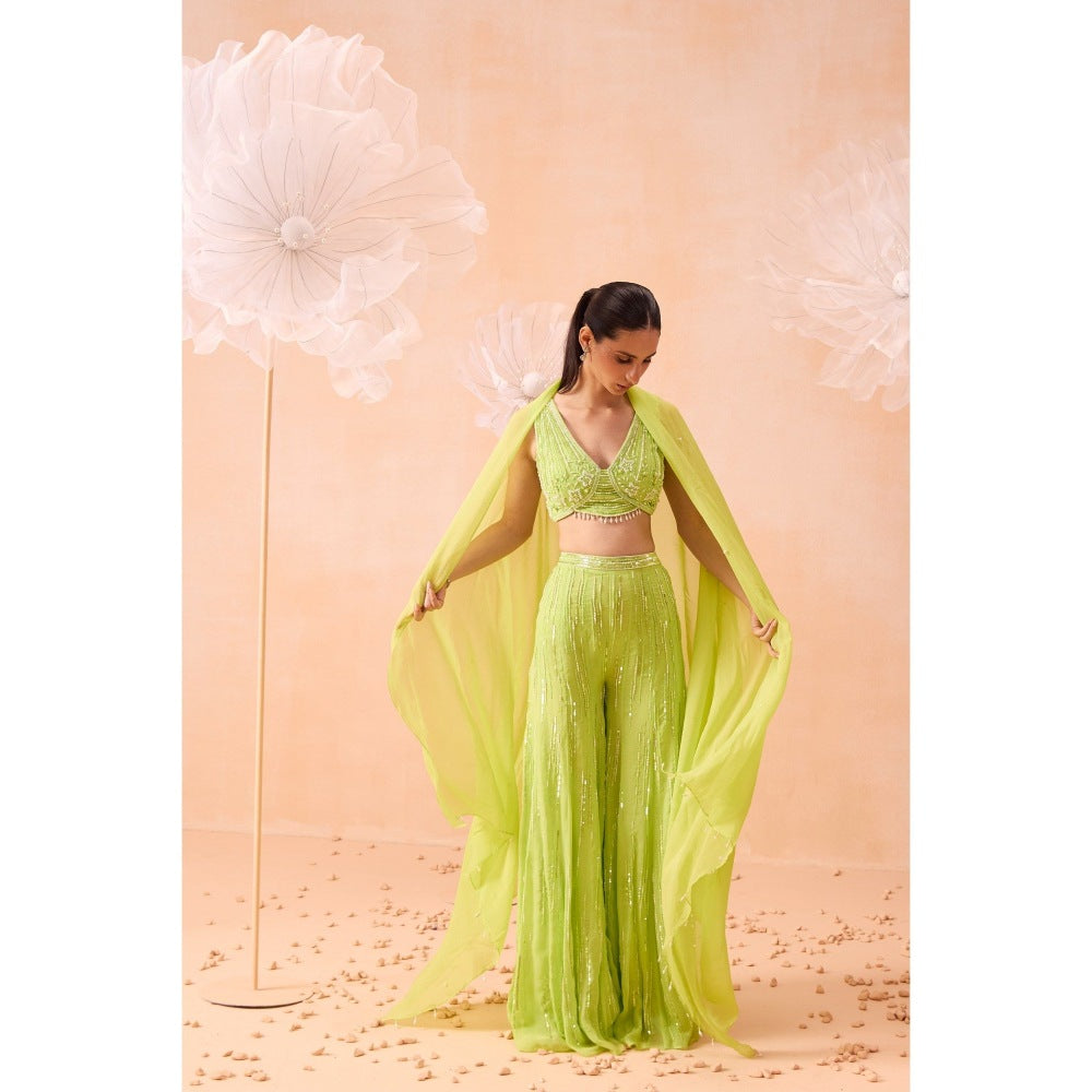 PARUL GANDHI Lime Green Pearl Crop Top With Sharara And Dupatta (Set of 3)