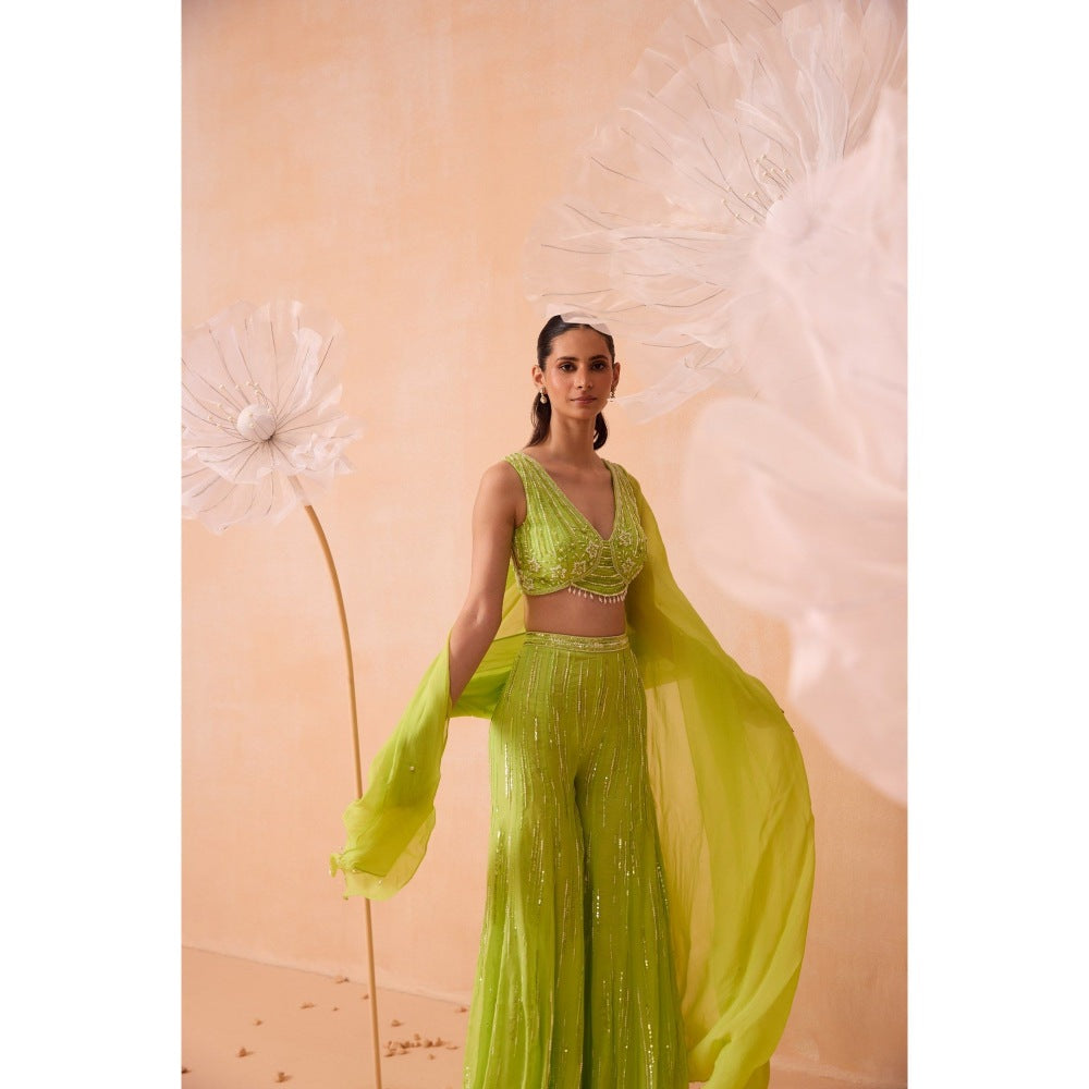 PARUL GANDHI Lime Green Pearl Crop Top With Sharara And Dupatta (Set of 3)