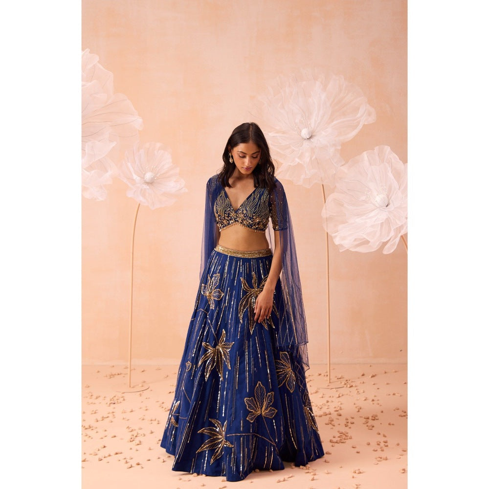 PARUL GANDHI Blue Floral Lehenga With Blouse And Dupatta (Set of 3)