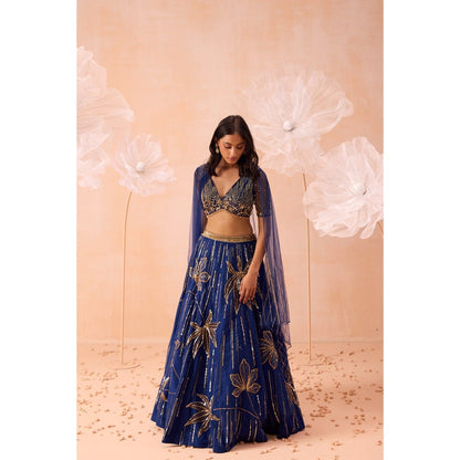 PARUL GANDHI Blue Floral Lehenga With Blouse And Dupatta (Set of 3)