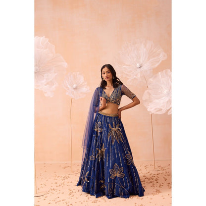 PARUL GANDHI Blue Floral Lehenga With Blouse And Dupatta (Set of 3)