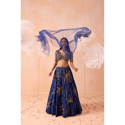 PARUL GANDHI Blue Floral Lehenga With Blouse And Dupatta (Set of 3)