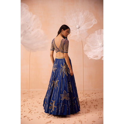 PARUL GANDHI Blue Floral Lehenga With Blouse And Dupatta (Set of 3)