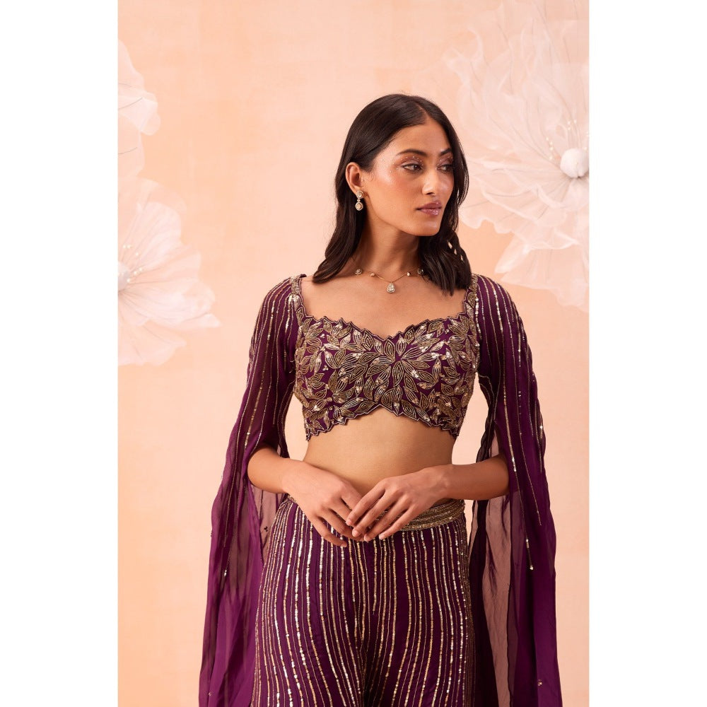 PARUL GANDHI Wine Blouse With Attached Cape And Sharara (Set of 2)