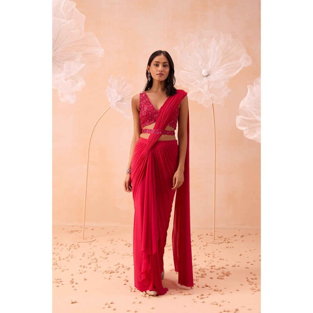 PARUL GANDHI Pink Fuchsia Pre Drape Saree And Belt with Stitched Blouse