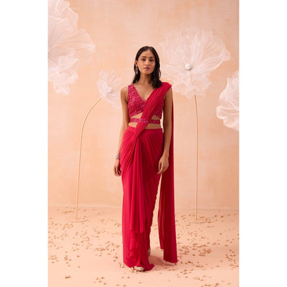 PARUL GANDHI Pink Fuchsia Pre Drape Saree And Belt with Stitched Blouse