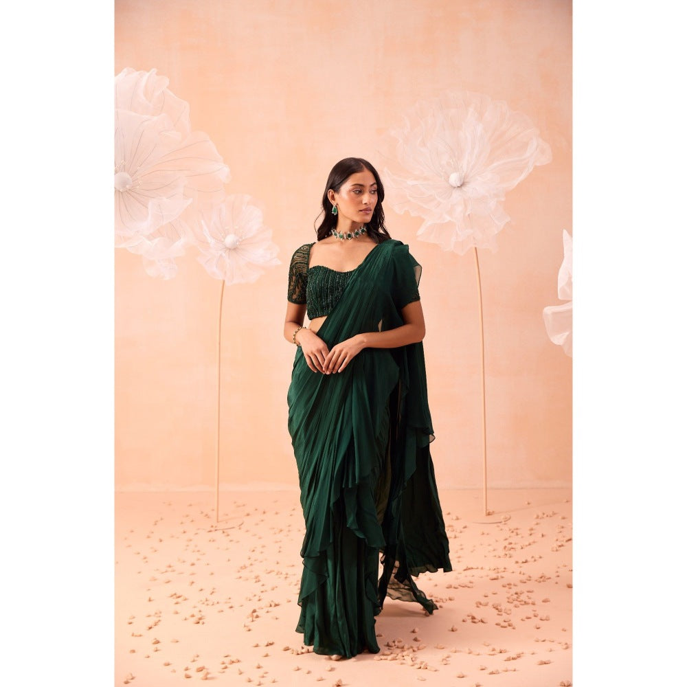 PARUL GANDHI Green Emerald Pre Draped Saree with Stitched Blouse
