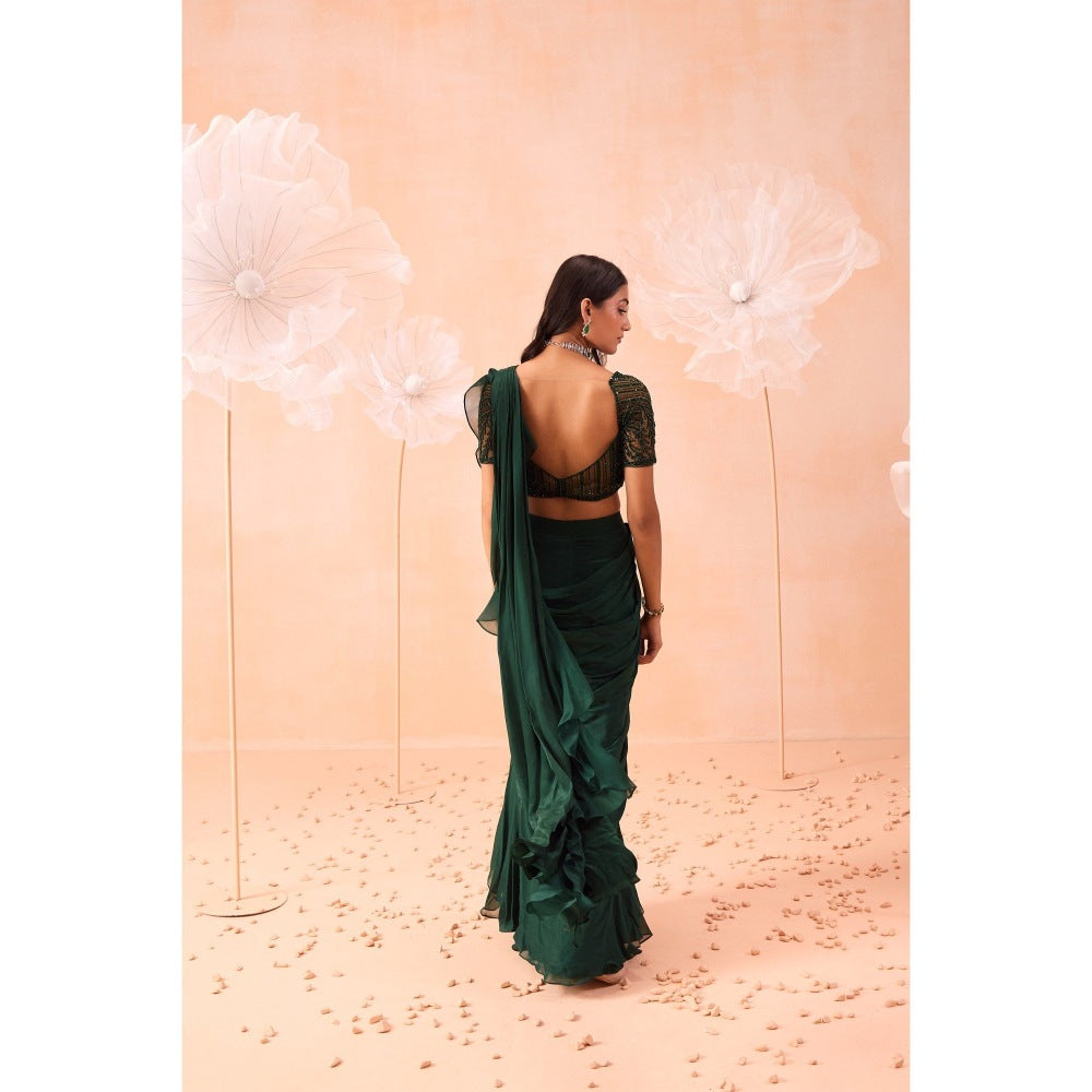 PARUL GANDHI Green Emerald Pre Draped Saree with Stitched Blouse