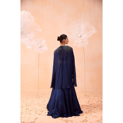 PARUL GANDHI Navy Blue Cape With Lehenga And Blouse (Set of 3)