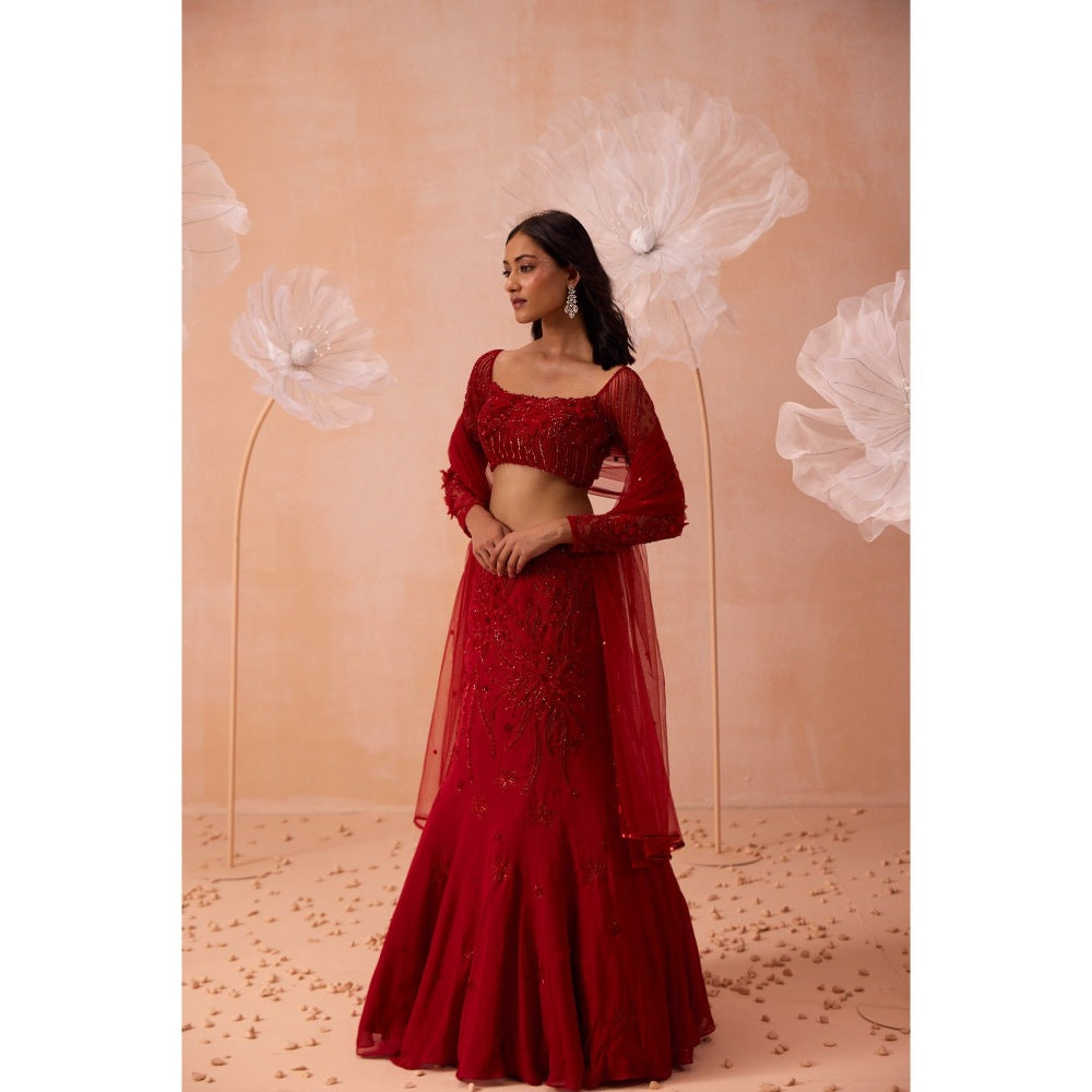 PARUL GANDHI Red Fishtail Lehenga With Blouse And Dupatta (Set of 3)