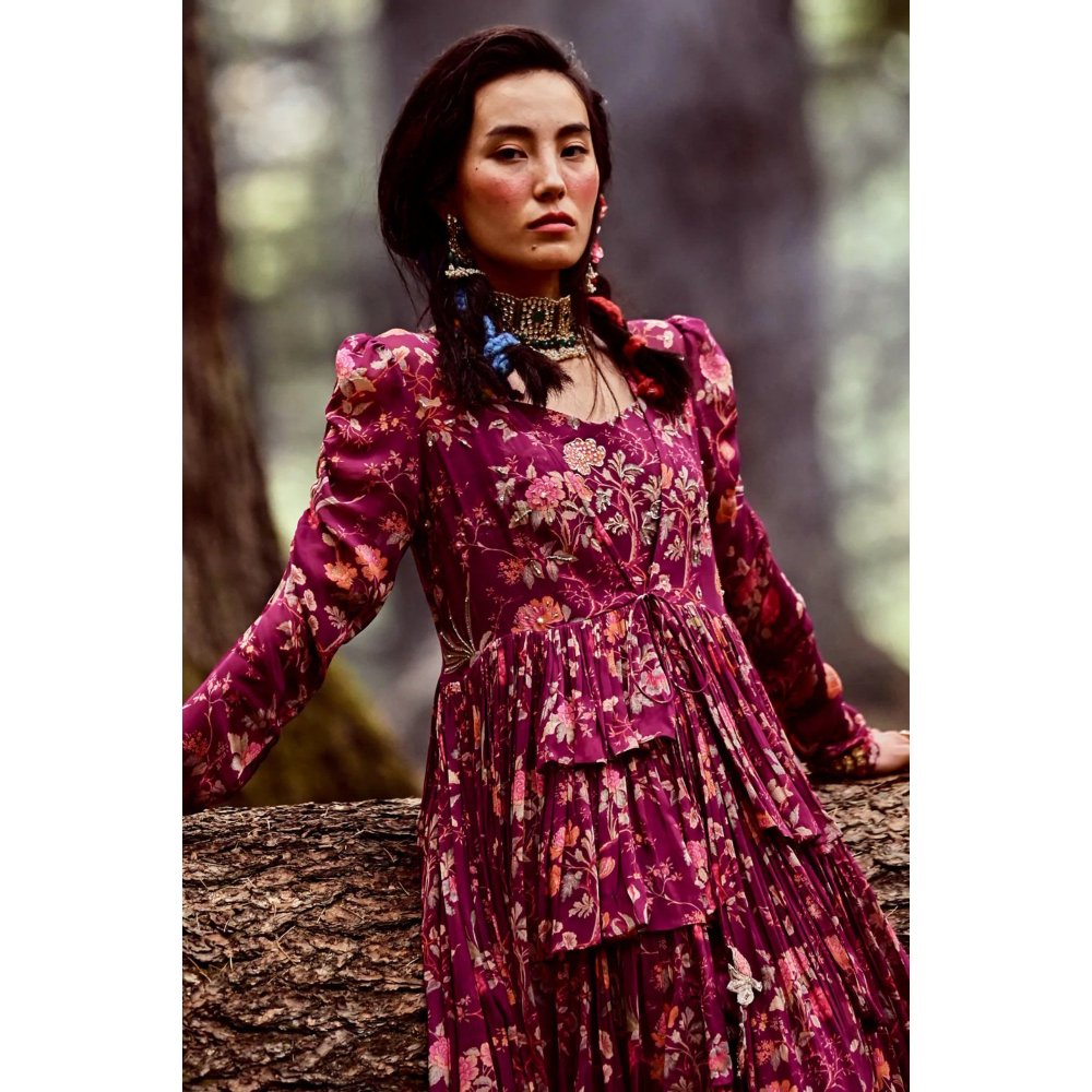 Paulmi & Harsh Grape Floral Print Short Jacket with Maxi Dress (Set of 2)