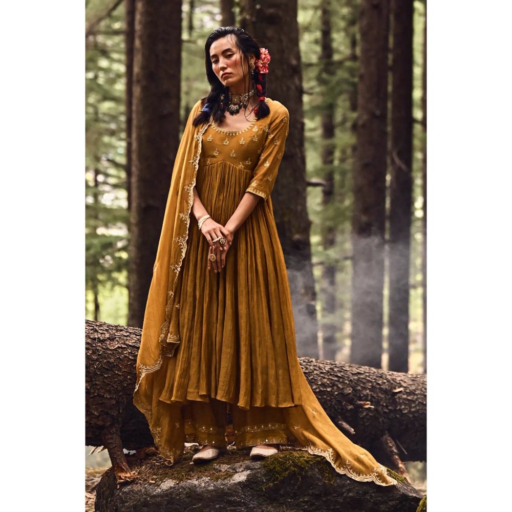 Paulmi & Harsh 20 Kali Ochre Yellow Anarkali (Set of 3)