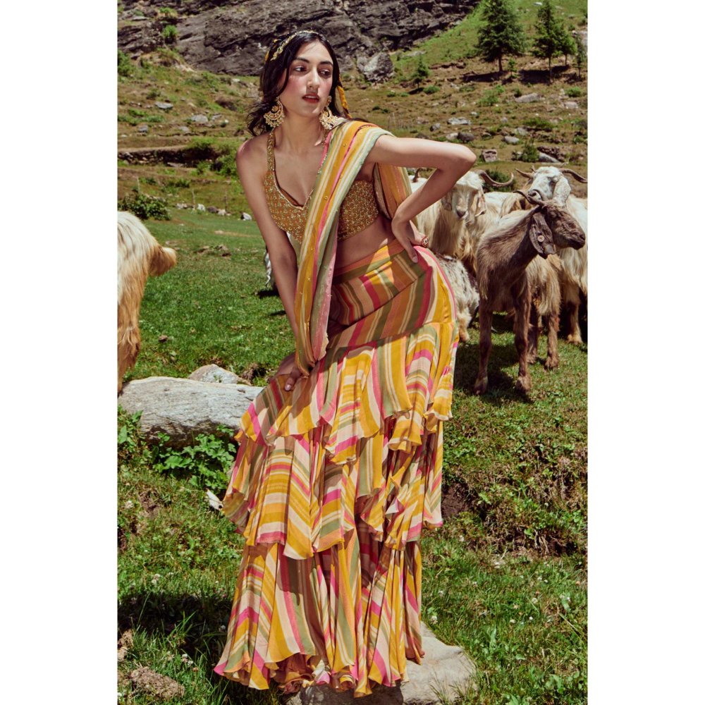 Paulmi & Harsh Multicoloured Striped Pre Draped Saree with Stitched Blouse