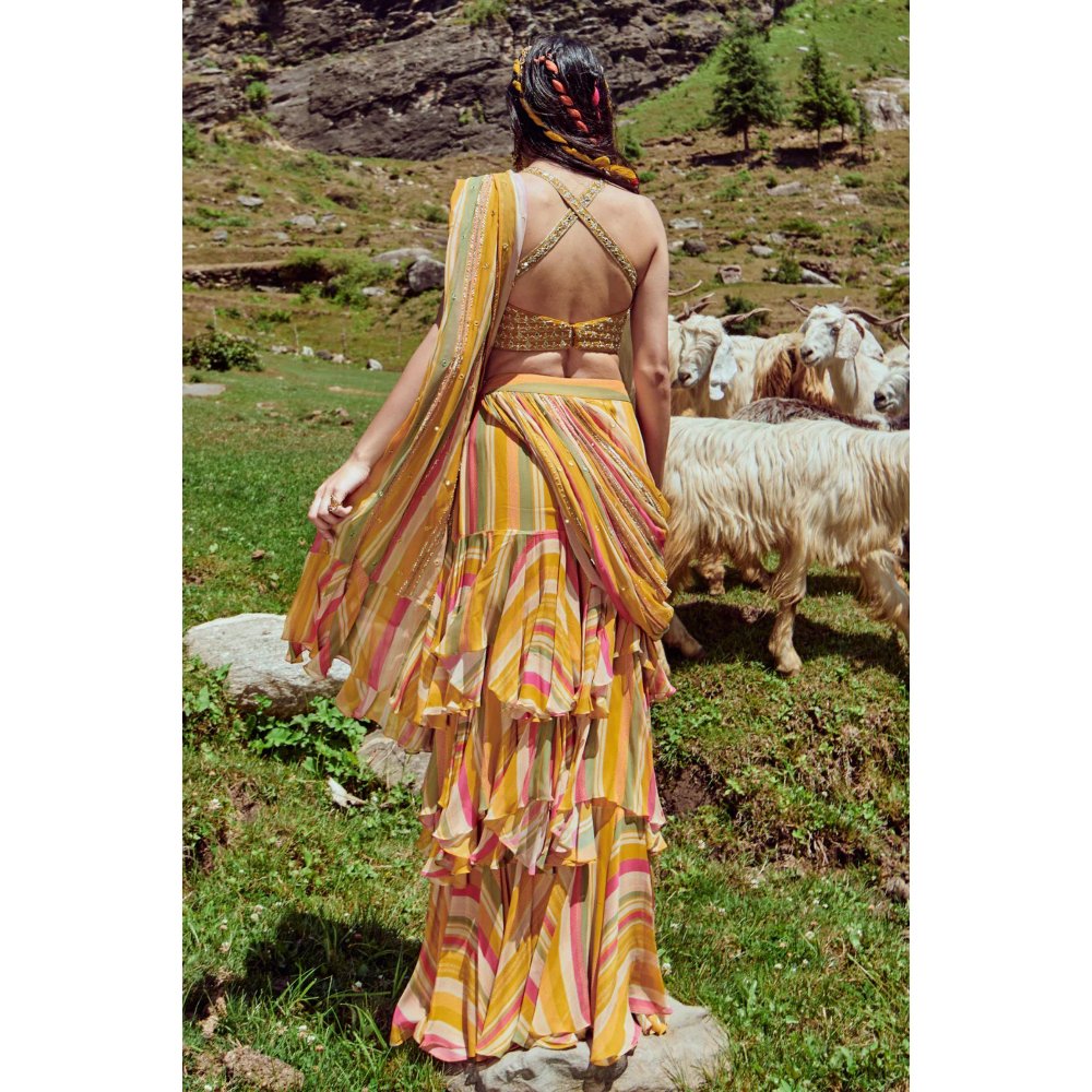 Paulmi & Harsh Multicoloured Striped Pre Draped Saree with Stitched Blouse