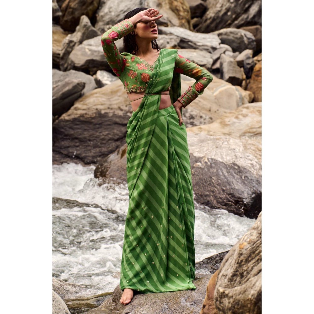 Paulmi & Harsh Fern Green Leheriya Print Pre Draped Saree with Stitched Blouse