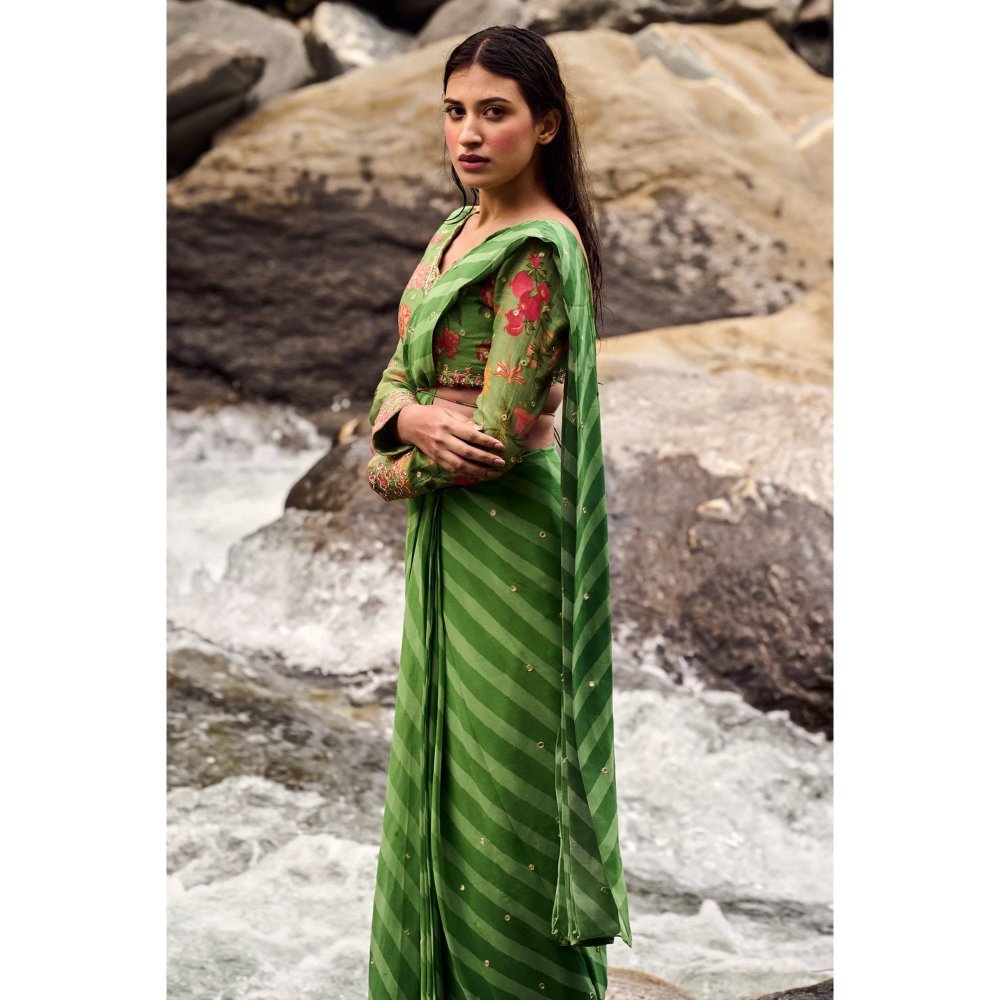 Paulmi & Harsh Fern Green Leheriya Print Pre Draped Saree with Stitched Blouse