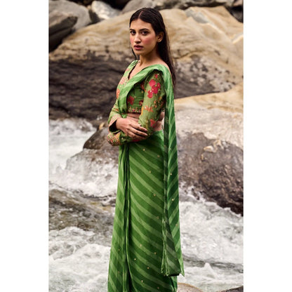 Paulmi & Harsh Fern Green Leheriya Print Pre Draped Saree with Stitched Blouse