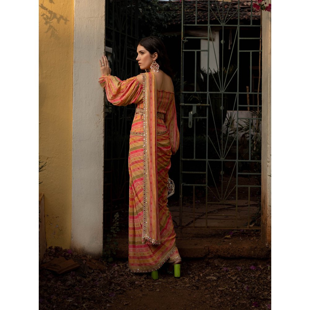 Paulmi & Harsh Vintage Stripe Sari with Stitched Blouse (Set of 3)