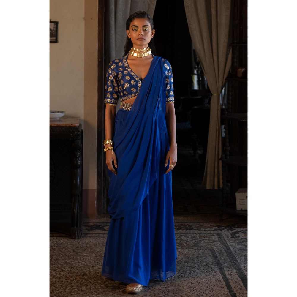 Paulmi & Harsh Tatva Embellished Predraped Blue Saree with Stitched Blouse and Belt