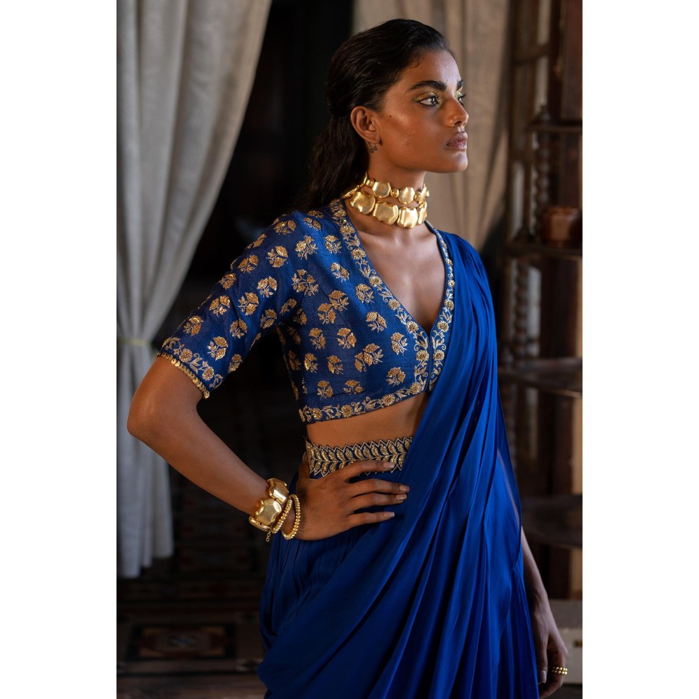 Paulmi & Harsh Tatva Embellished Predraped Blue Saree with Stitched Blouse and Belt