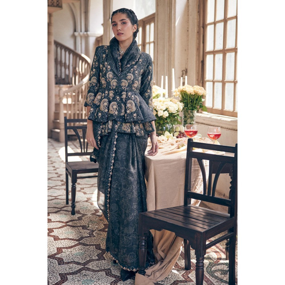 Paulmi & Harsh Black Pre Drape Saree with Top with Jacket and Petticoat