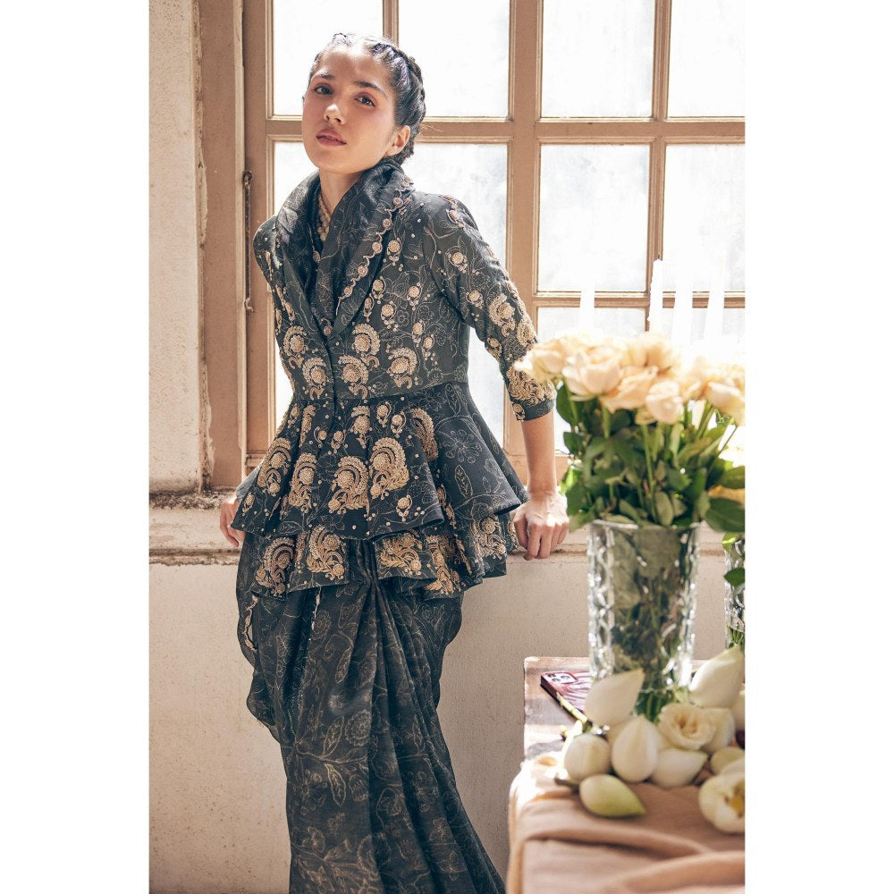Paulmi & Harsh Black Pre Drape Saree with Top with Jacket and Petticoat