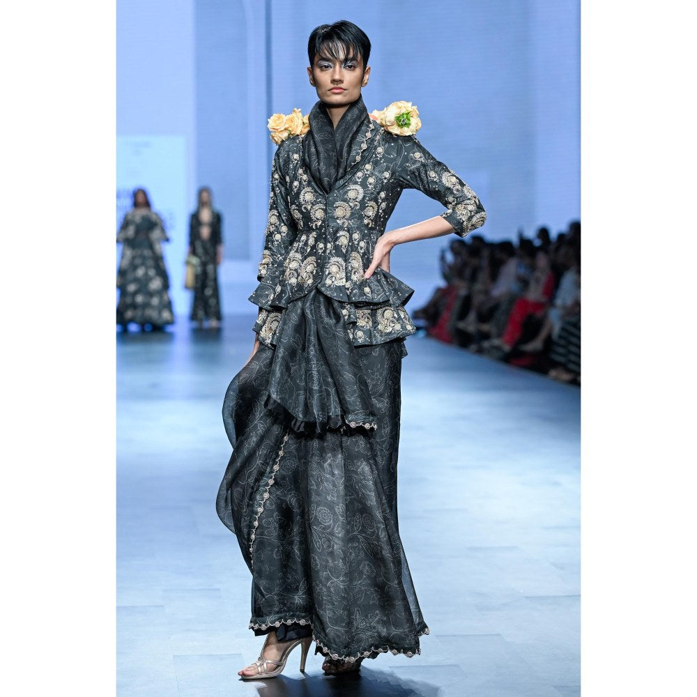 Paulmi & Harsh Black Pre Drape Saree with Top with Jacket and Petticoat