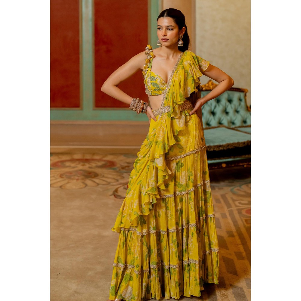 Paulmi & Harsh Yellow Printed Pre Drape Saree with Stitched Blouse