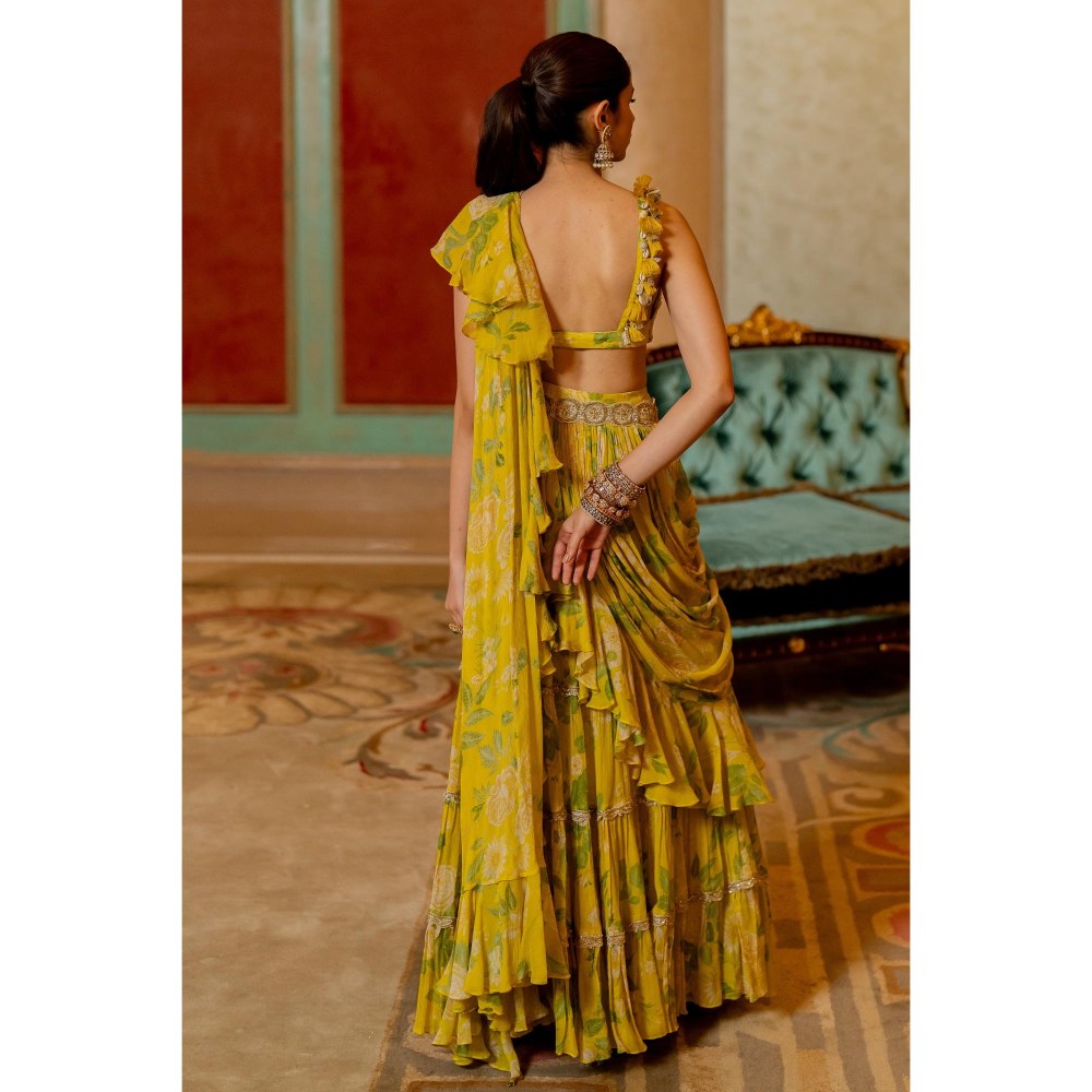 Paulmi & Harsh Yellow Printed Pre Drape Saree with Stitched Blouse