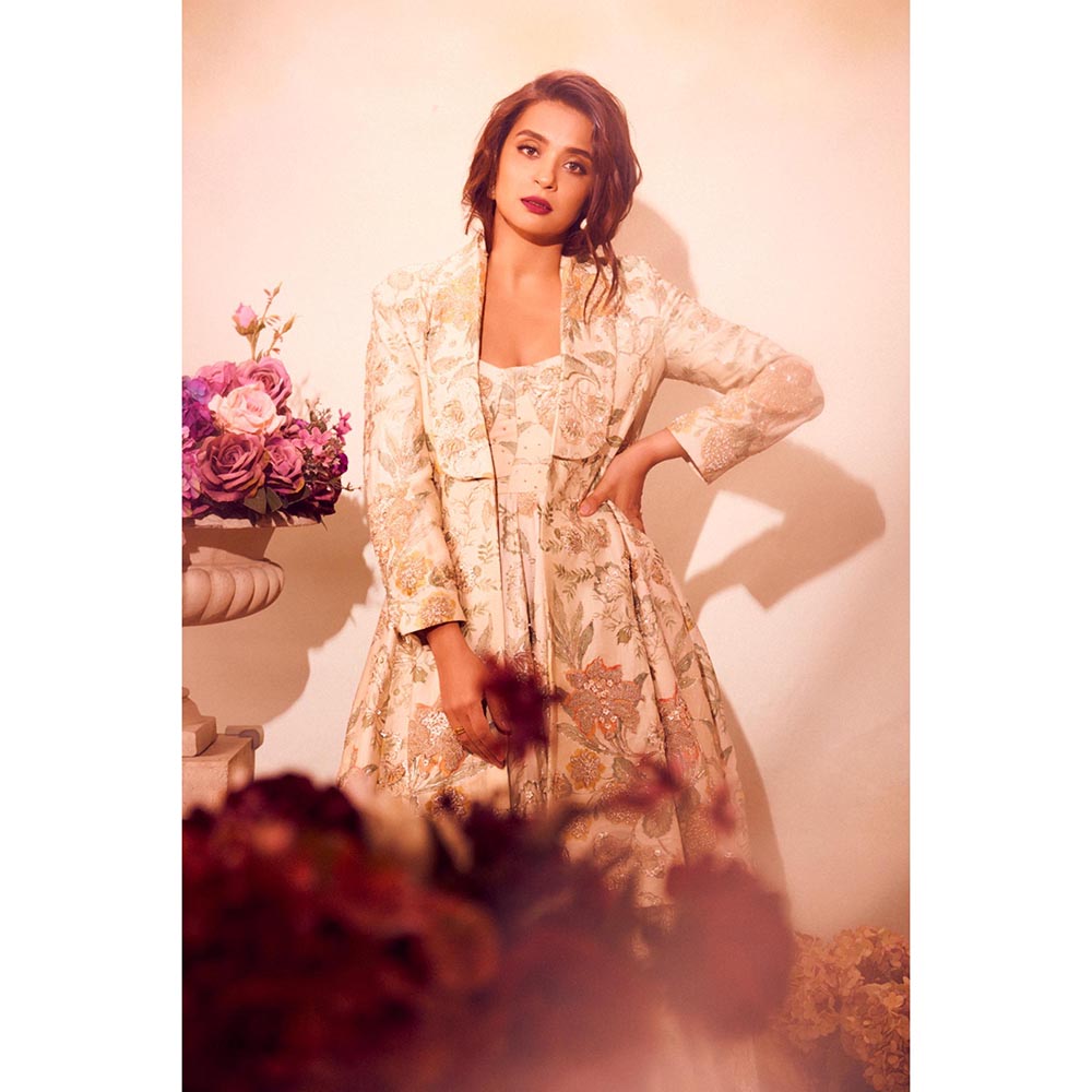 Paulmi & Harsh Ivory Surveen Chawla In The Elise Anarkali Dress with Jacket