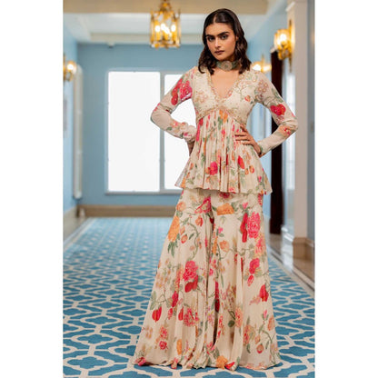 Paulmi & Harsh Women Off White Georgette V-Neck Kurta with Sharara