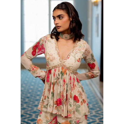 Paulmi & Harsh Women Off White Georgette V-Neck Kurta with Sharara