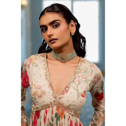 Paulmi & Harsh Women Off White Georgette V-Neck Kurta with Sharara
