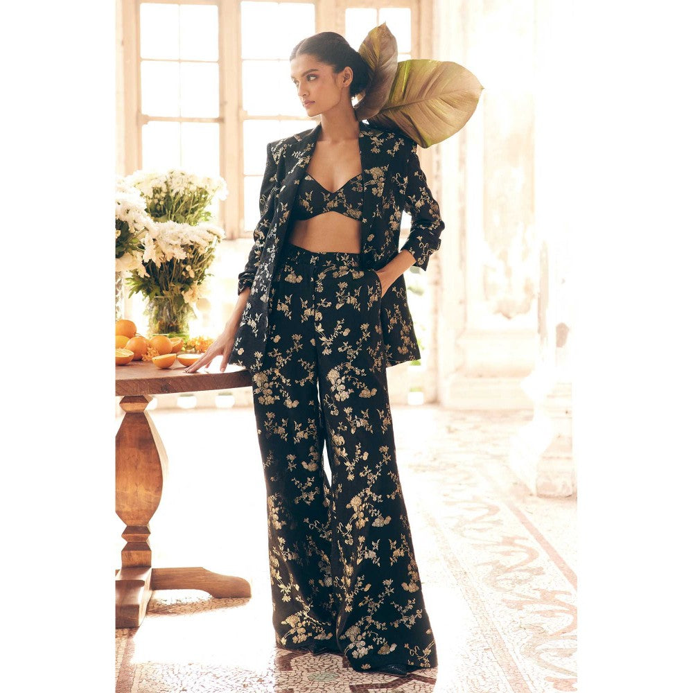 Paulmi & Harsh Talia Black Floral Printed Blazer With Bustier, And Trousers