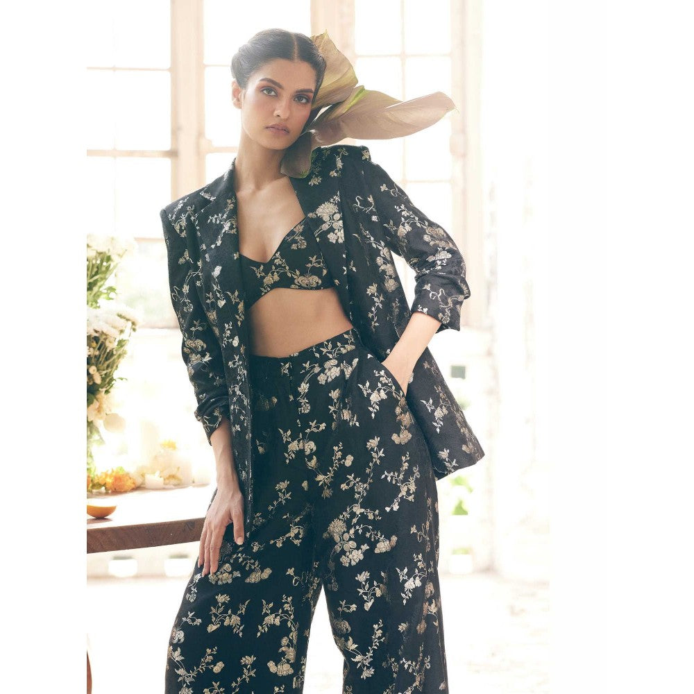 Paulmi & Harsh Talia Black Floral Printed Blazer With Bustier, And Trousers