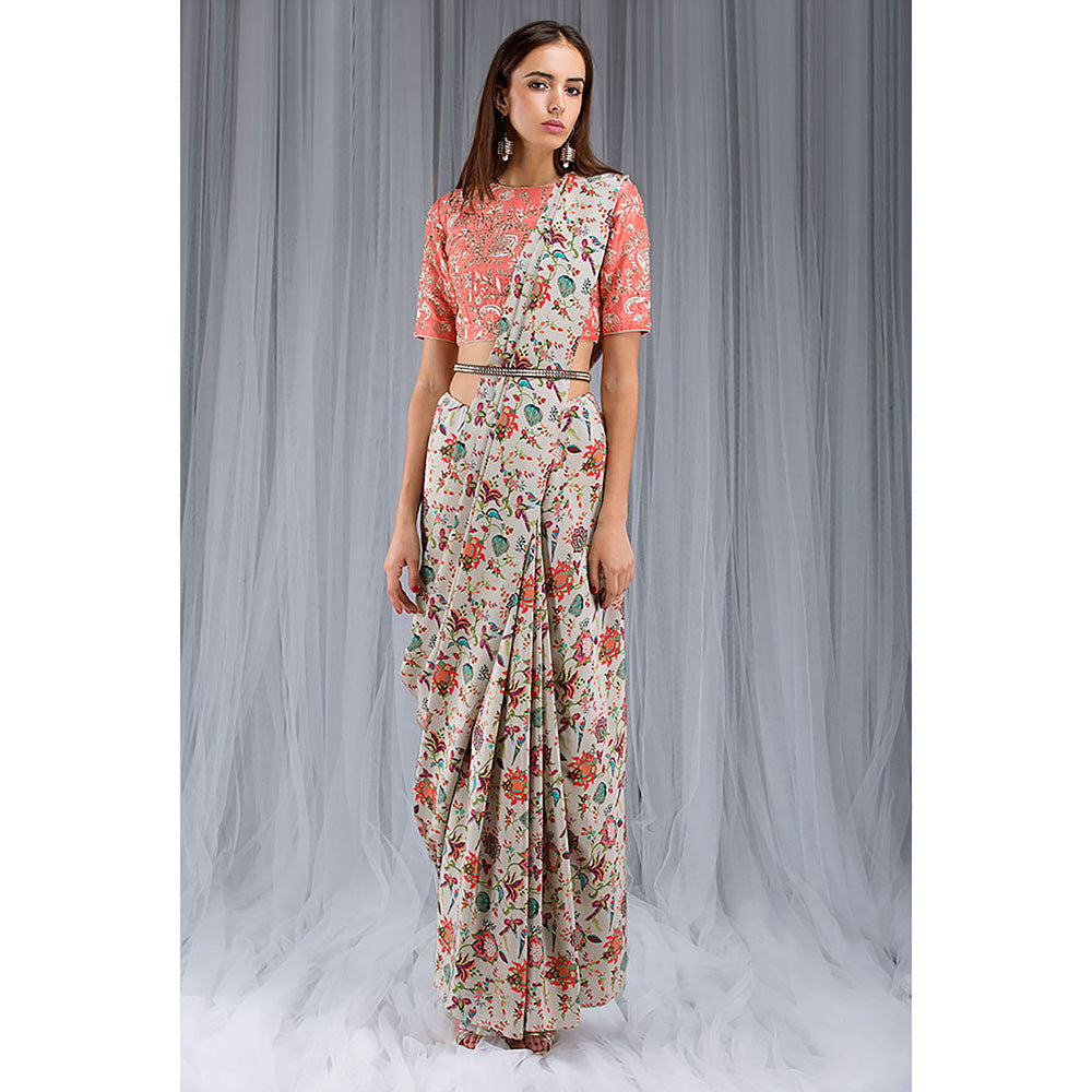 Payal Singhal Khaki Chidiya Print Saree Set