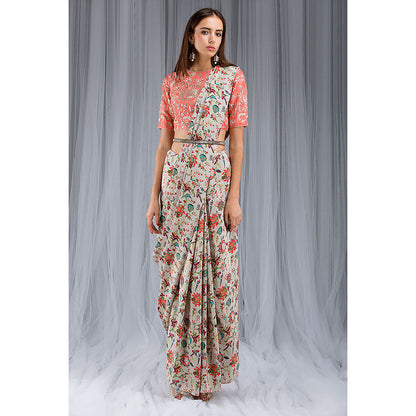 Payal Singhal Khaki Chidiya Print Saree Set